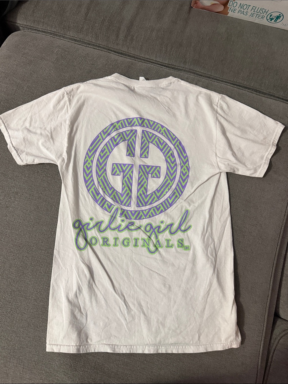 Fruit of the Loom White Tee with Purple & Green Graphic